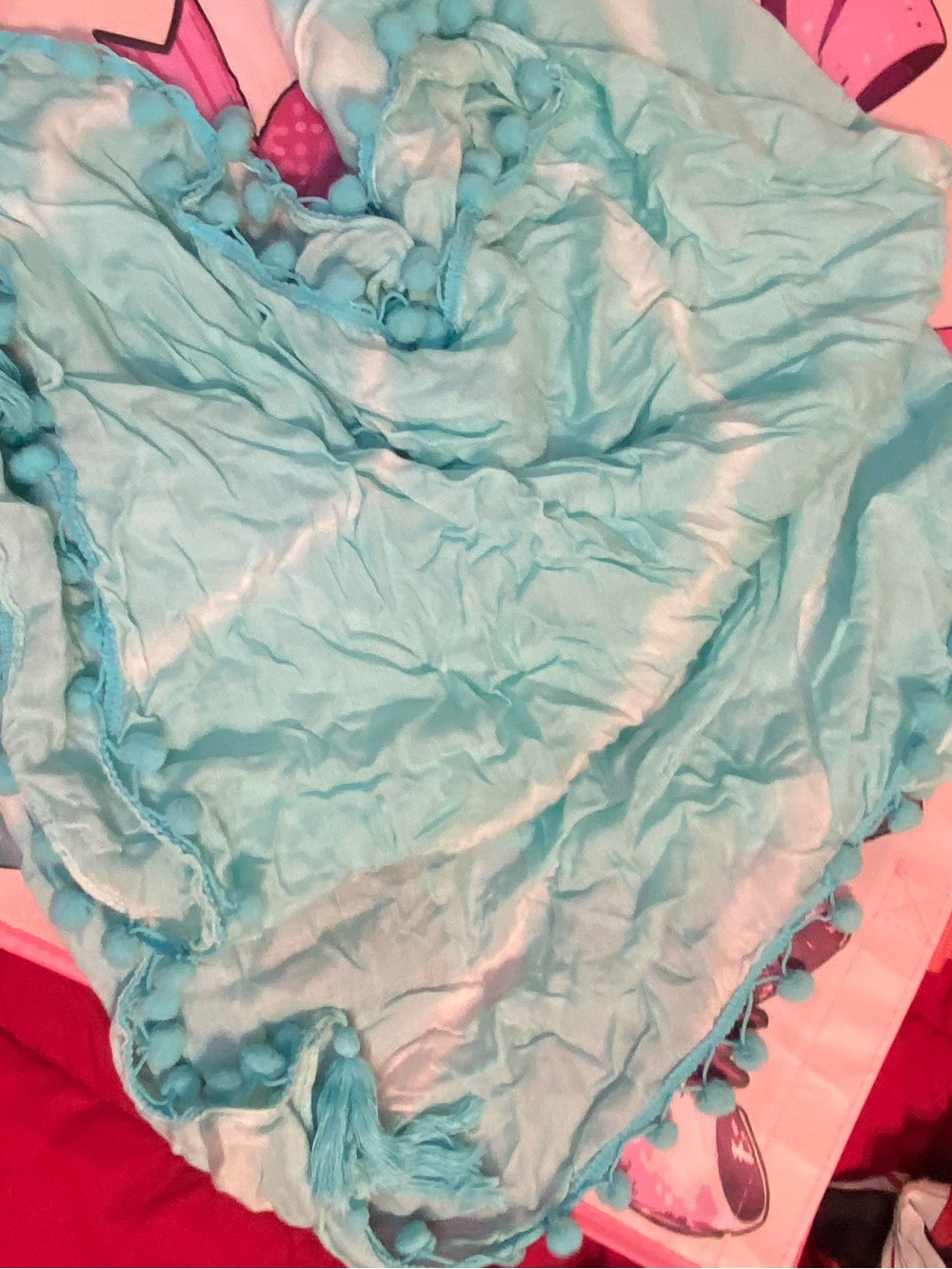Light Blue Tie-Dye Pom-Trim Women's Wrap Scarf - Picture 2 of 2